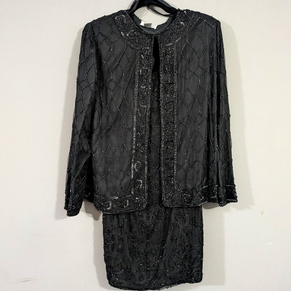 JMD New York Women's Jacket Dress Set -  Black Silk Sequin Bead